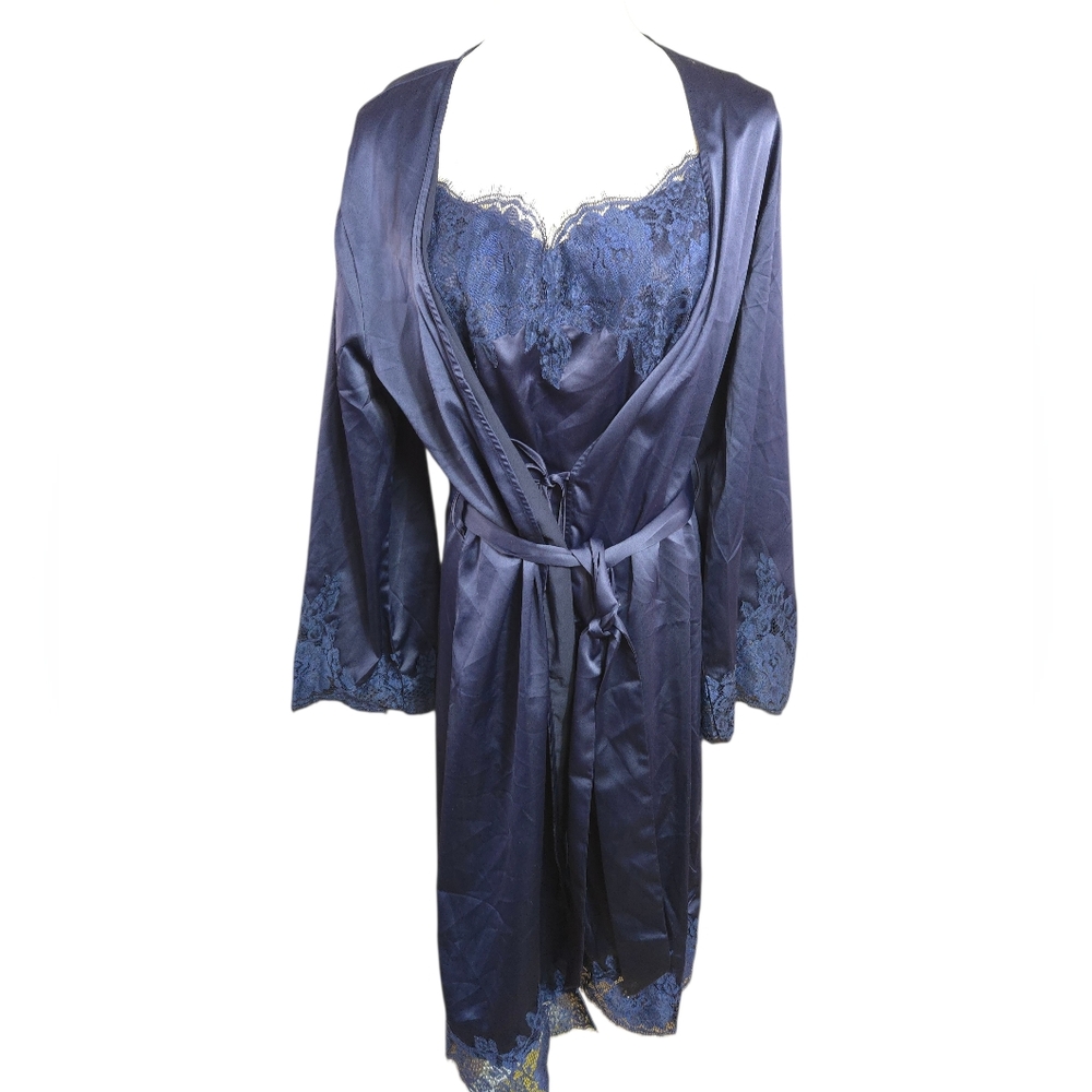 Homebodii Blue Satin Lingerie Slip And Robe Set